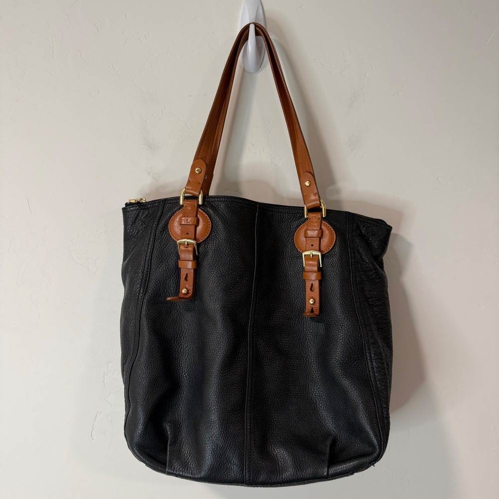Lauren Ralph Lauren Womens Tote Bag Large Black Leather Good Buckle Accent